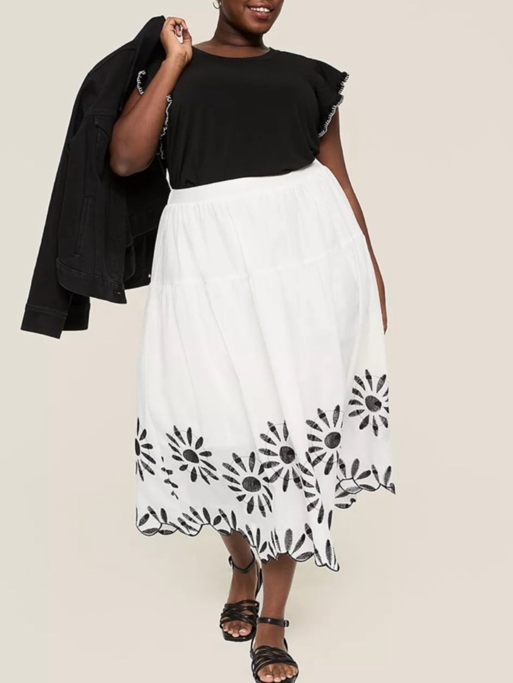 NWT Lane Bryant Floral Embroidered Scallop-Hem White Midi Skirt size 18/20